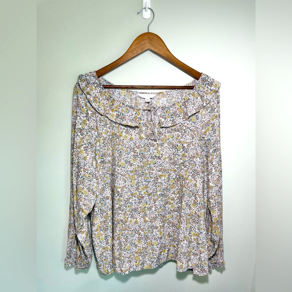 LC Lauren Conrad Cream and Blue Ruffled Sailor Collar Blouse